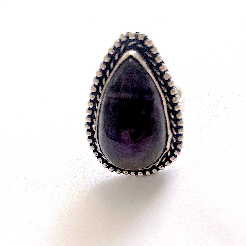 1 1/4 inch , 925 marked, teardrop Amethyst ring size 7 1/2